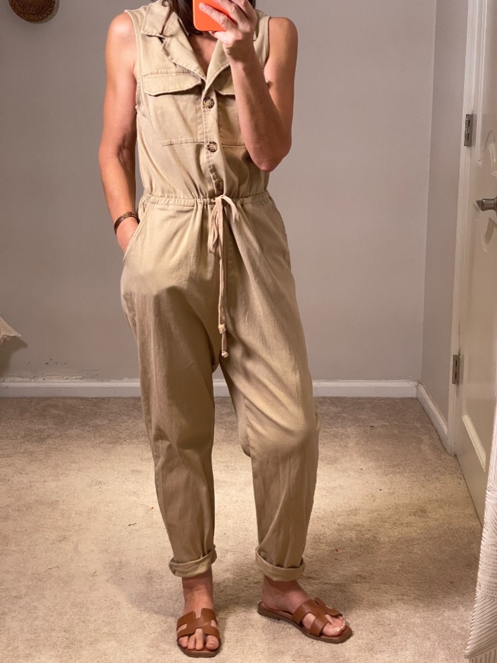 Wild Fable cotton sleeveless shirt utility style jumpsuit beige/tan women M